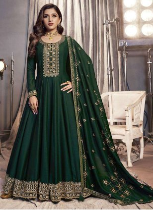 Buy Emerald Green Lace Work Chanderi Anarkali Suit- Set of 3