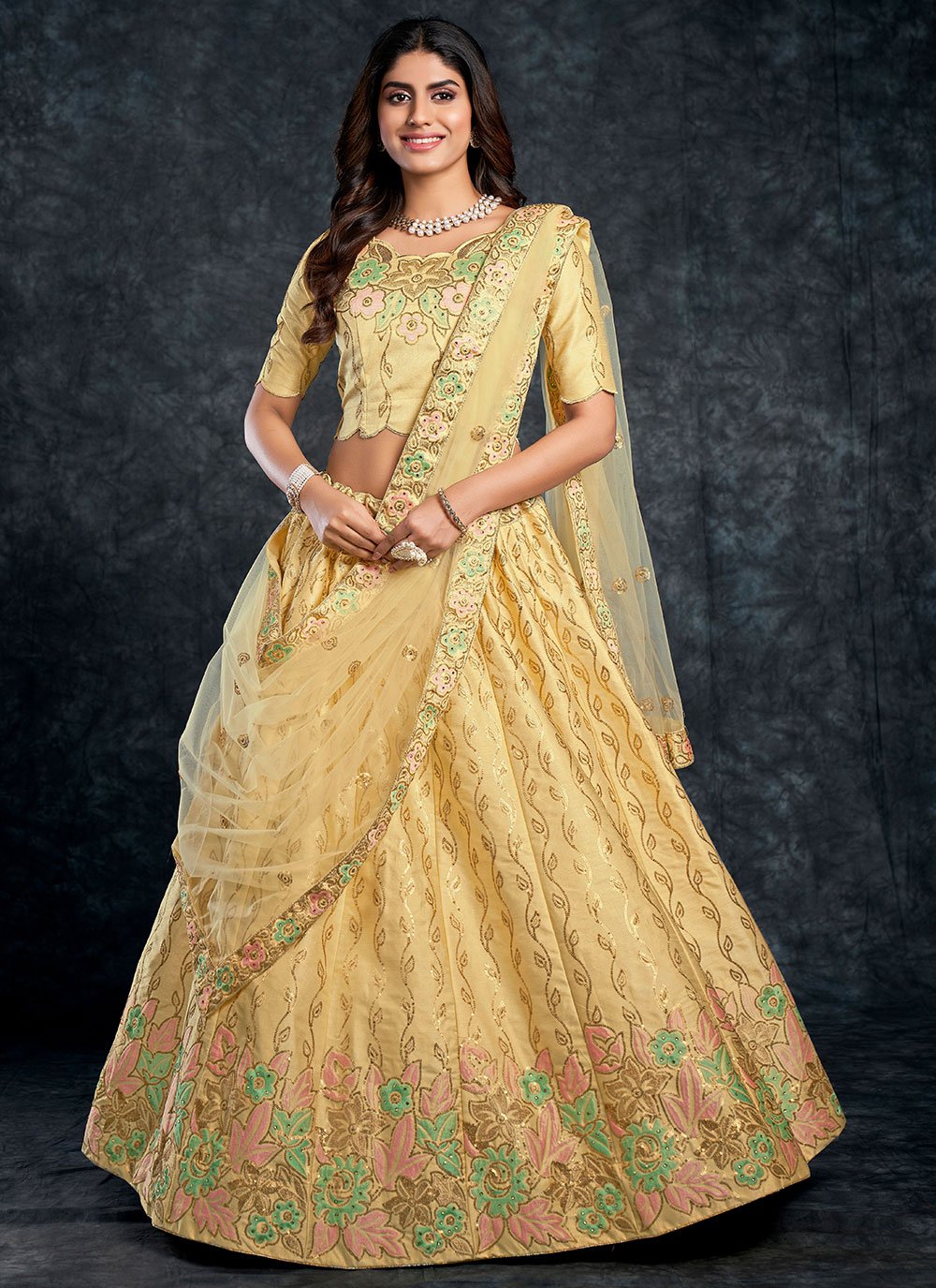 Cream Satin silk reception wear lehenga choli – Boutique4India