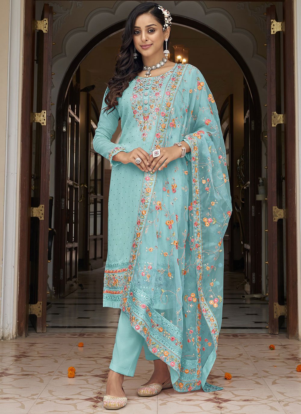 Georgette Fabric Light Cyan Color Festive Wear Embroidered Readymade  Anarkali Salwar Kameez