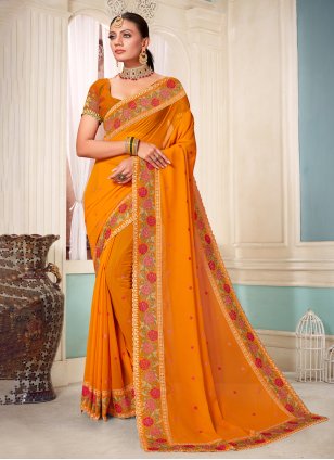Excellent Georgette Embroidered Mustard Classic Saree