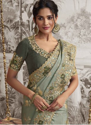 Fantastic Fancy Fabric Green Embroidered Saree