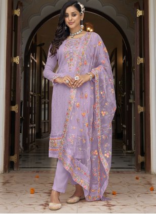Fashionable Georgette Purple Embroidered Salwar suit