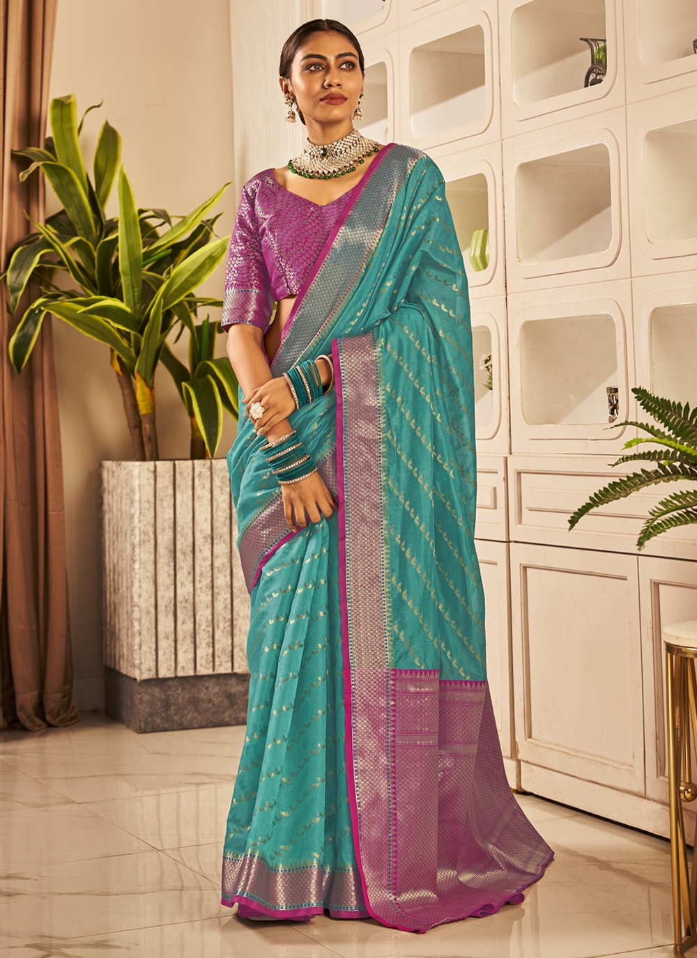 firozi banarasi silk weaving trendy saree 92157