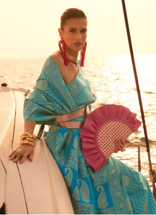 Firozi Nylon Weaving Contemporary Saree
