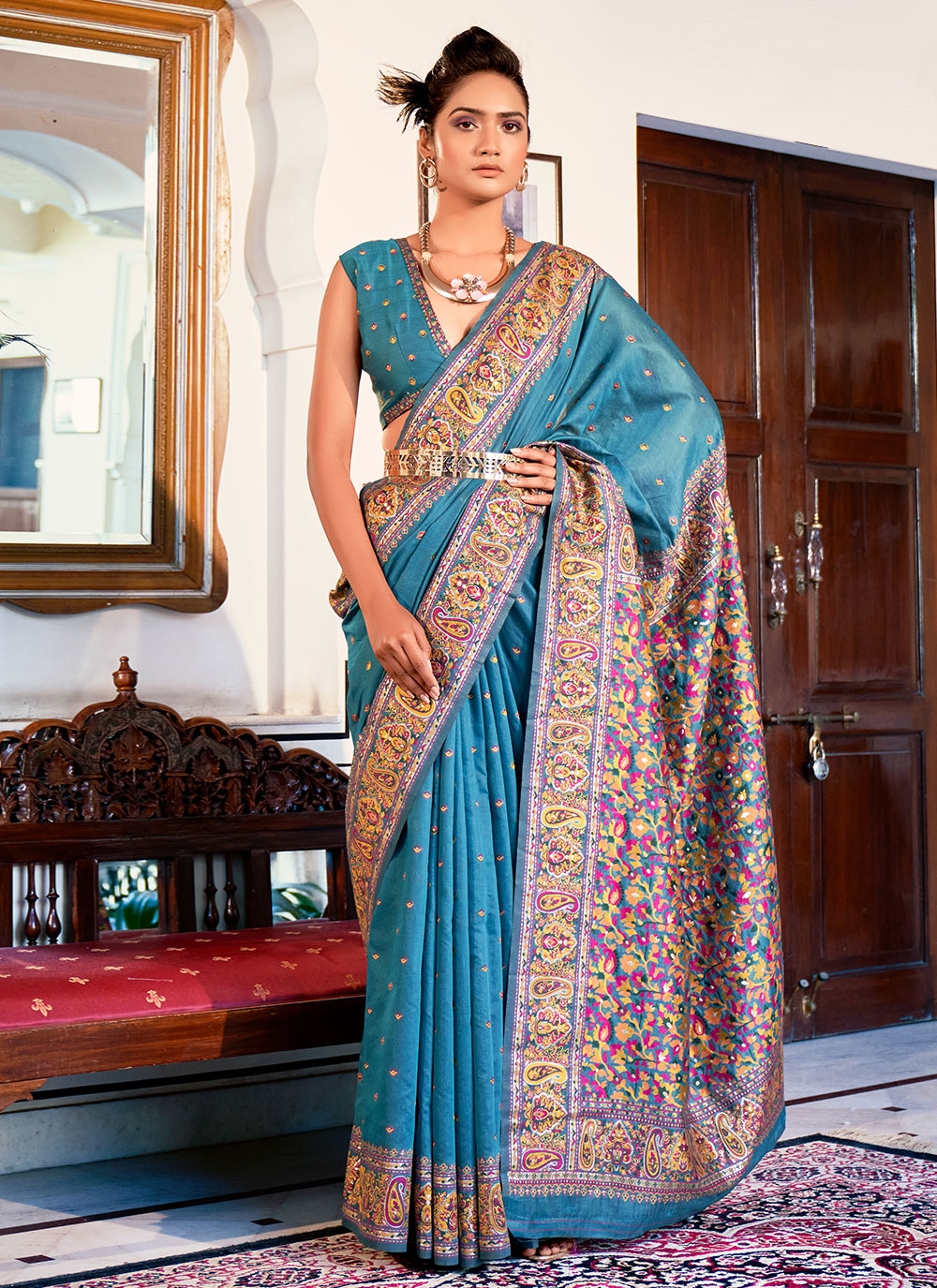 Buy Firozi Organza Banarasi Sarees Online Worldwide Shipping – My Clothing  Treasure