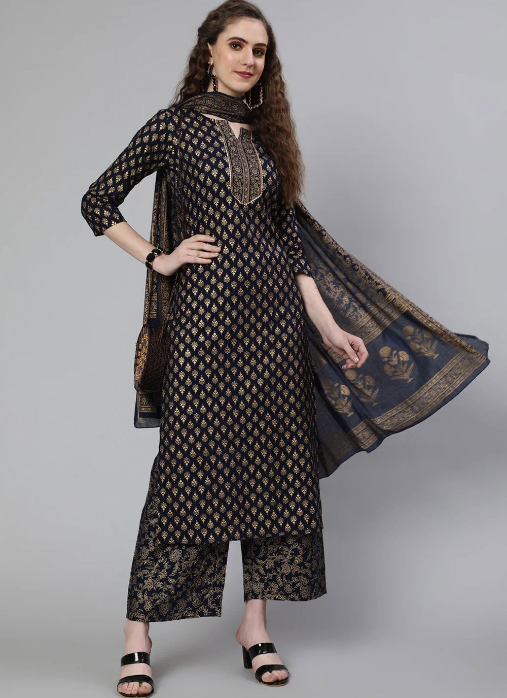 Buy Cheera Women Cotton Dot Foil Printed Grey Palazzo Online at