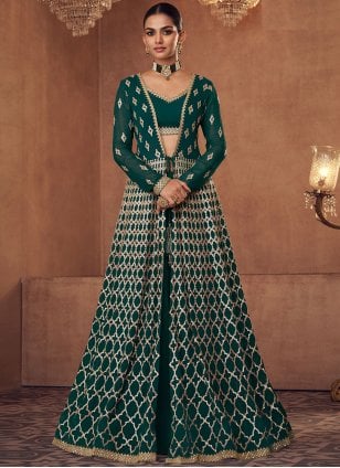 Georgette Embroidered Anarkali Suit in Green
