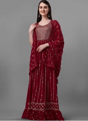 Georgette Embroidered Anarkali Suit in Maroon