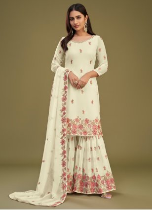 Georgette Embroidered Off White Palazzo Salwar Suit