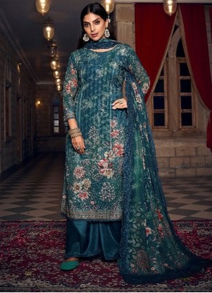 Georgette Embroidered Palazzo Salwar Suit in Teal