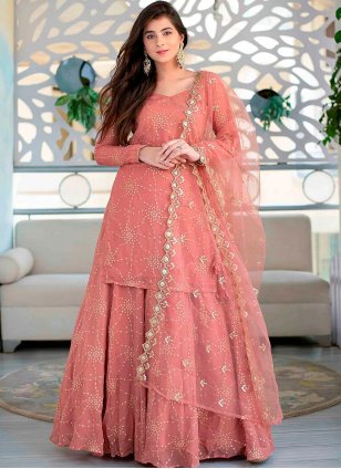 Georgette Embroidered Peach Palazzo Salwar Suit