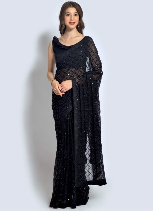 Georgette Embroidered Traditional Saree in Black