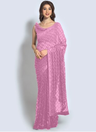 Georgette Pink Embroidered Traditional Saree