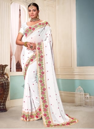 Stone Work Embroidered Georgette White Saree|SARV09373