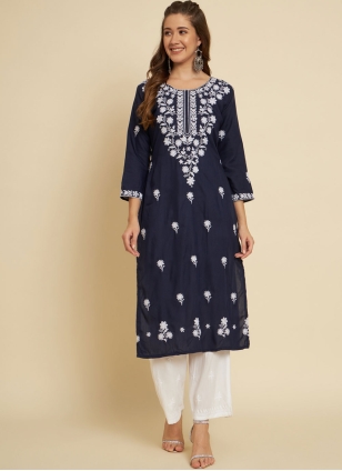 Beautiful Readymade White Blue Cotton Kurti Daily wear Casual Kurta Women  Tunics