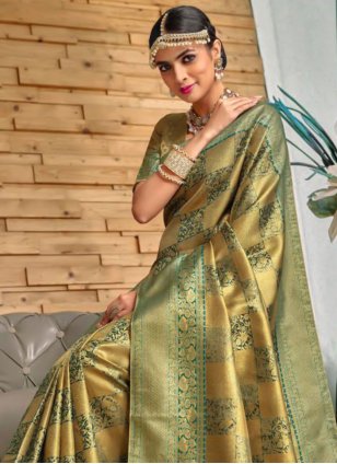 Gold and Green Banarasi Silk Weaving Traditional Designer Sari