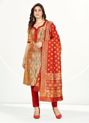 Gold Banarasi Silk Woven Straight Salwar Suit