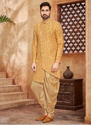Gold color Jacquard Indo Western with work
