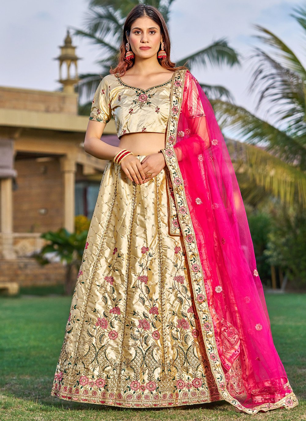 Girls Satin-Net-Brocade Radha Lehenga Fancy Dress in Golden & Red Color  Combination at Rs 1299 in Greater Noida