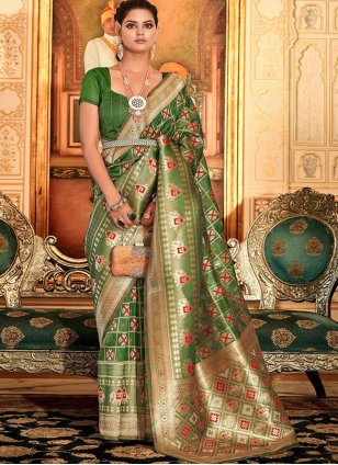 Graceful Silk Embroidered Traditional Saree In Mehndi Colour