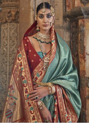 Green and Maroon Banarasi Silk Weaving Classic Sari