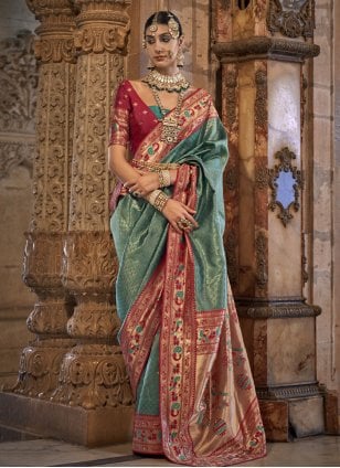 Green and Maroon Banarasi Silk Weaving Classic Sari