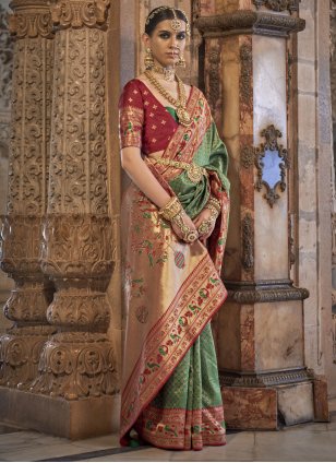 Green and Maroon Banarasi Silk Weaving Silky Saree