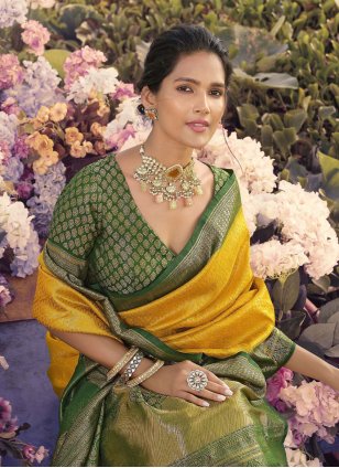 Green and Mustard Kanjivaram Silk Jacquard Trendy Sari