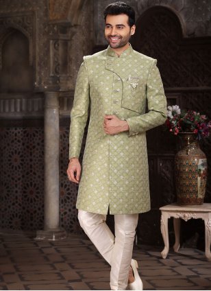 Green and Off White color Banarasi Jacquard fabric Digital Print Indo Western