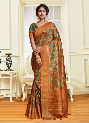 Green and Orange Banarasi Silk Border Trendy Saree