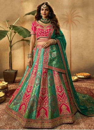 Green and Pink Banarasi Silk Embroidered Trendy Lehenga