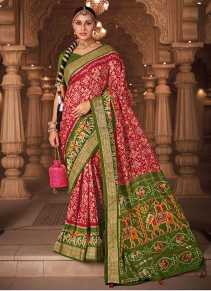 Green and Pink Patola Silk Patola Print Trendy Sari