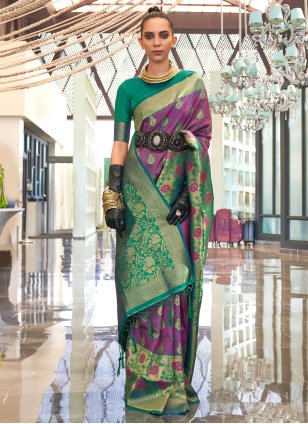 Green and Purple Handloom Silk Weaving Trendy Saree