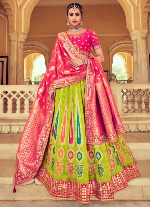 Designer Green and Rani Silk Beads A - Line Lehenga Choli for Wedding & Party