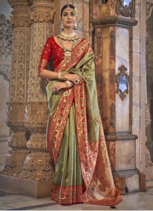 Green and Red Banarasi Silk Weaving Contemporary Sari