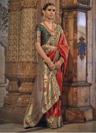 Green and Red Banarasi Silk Weaving Trendy Saree
