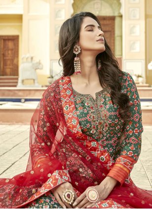 Green and Red Silk Patola Print Floor Length Designer Gown