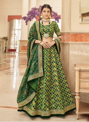 Designer Green Art Silk Dori Embroidery Lehenga Choli for Wedding