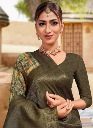 Green Banarasi Silk Digital Print Classic Sari