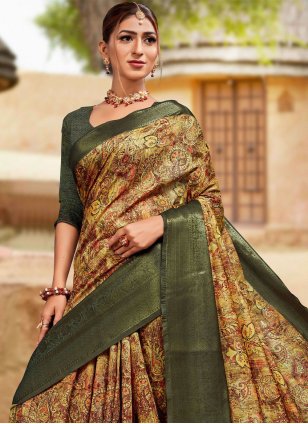 Green Banarasi Silk Digital Print Contemporary Sari