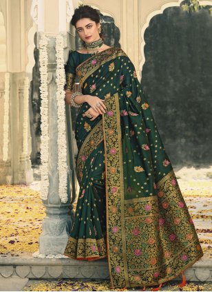 Green Banarasi Silk Swarovski Trendy Sari