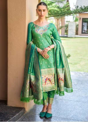 Green Banarasi Silk Woven Trendy Salwar Kameez