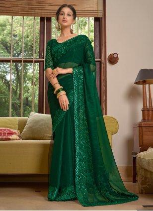 Green Chiffon Lace Contemporary Sari