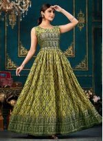 Green Chinon Digital Print Floor Length Gown
