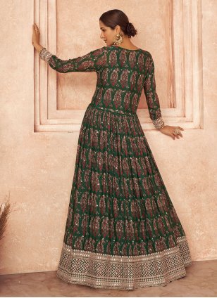 
                            Green Chinon Embroidered Designer Readymade Gown