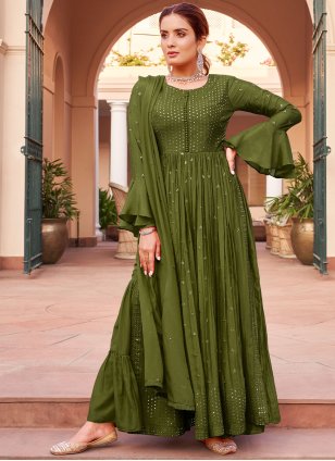 Green Chinon Embroidered Trendy Party Wear Salwar Suits