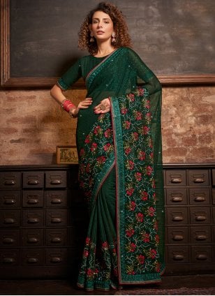 Green Chinon Embroidered Trendy Sari