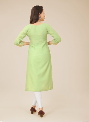Green Cotton  Embroidered Floor Length