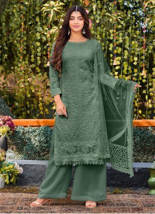Green Cotton  Embroidered Palazzo Salwar Suit