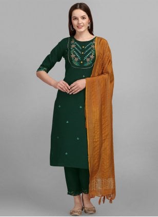 Green Cotton  Embroidered Salwar suit